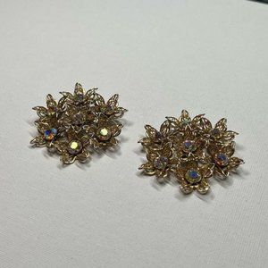 VINTAGE Dafri Oversized Clip On Earrings W  Rhinestones In Gold Tone Filigree